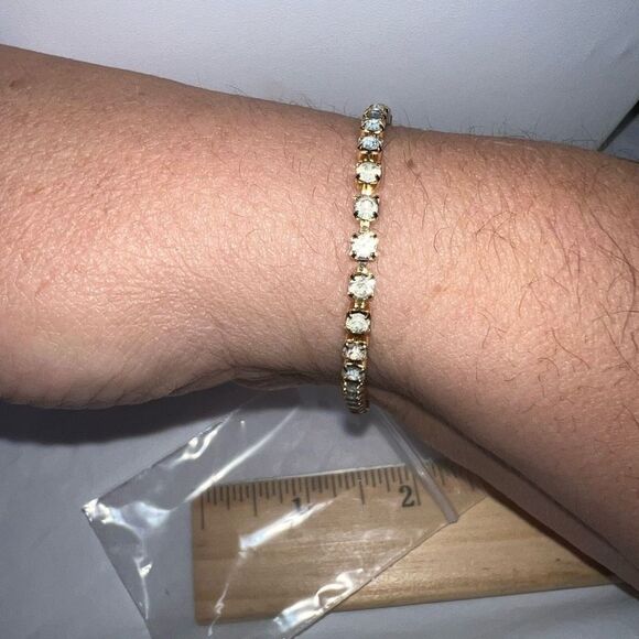 Vintage Gold Tone Prong Set Rhinestone Tennis Bracelet - Picture 2 of 5